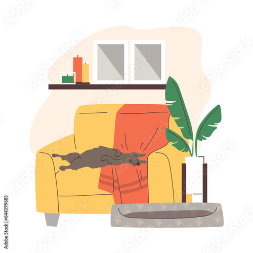 Funny dog sleeping on couch instead of its bed, flat vector illustration isolated on white background.
