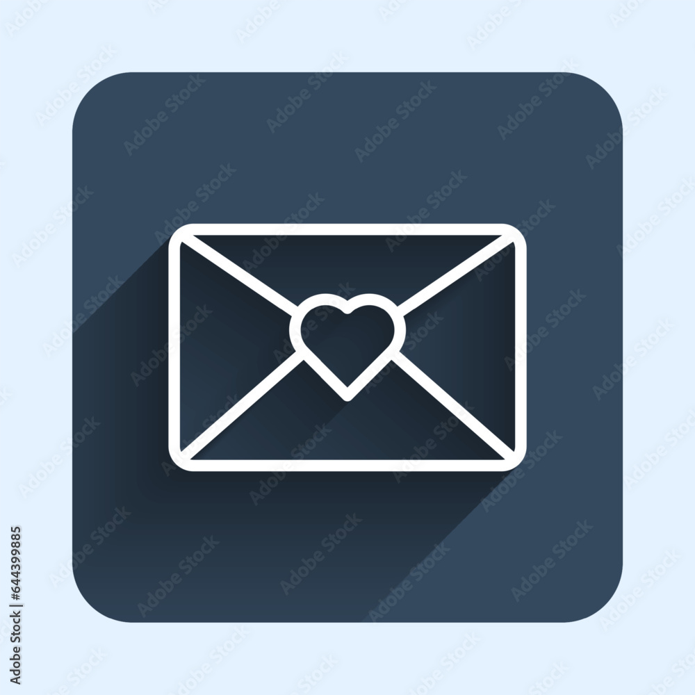 White line Envelope with 8 March icon isolated with long shadow background. Message love. Letter love and romance. International Happy Women Day. Blue square button. Vector White line Envelope with 8 March icon isolated with long shadow background. Message love. Letter love and romance. International Happy Women Day. Blue square button. Vector