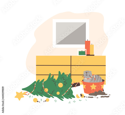 Naughty cat knocking over Christmas tree, flat vector illustration isolated on white background.