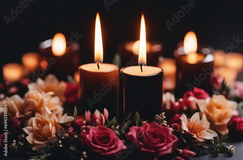 Burning candles and flowers on a black background with space for text Funeral concept
