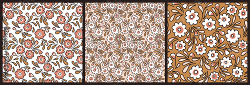 Seamless floral pattern, pretty ditsy print with folk motif in collection. Cute botanical design in autumn colors: small hand drawn flowers, tiny leaves, different background. Vector illustration.