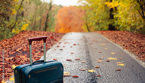 old suitcase on the road, rain season, autumn leaves, travel suitcase placed on back on the road, rain season, autumn leaves, Ai Generate 