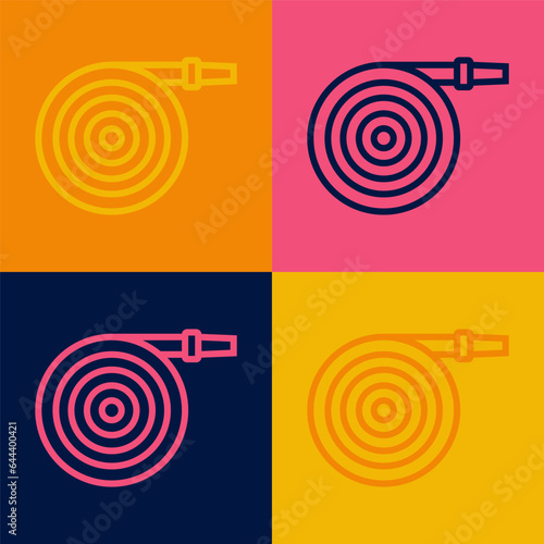 Pop art line Garden hose icon isolated on color background. Spray gun icon. Watering equipment. Vector