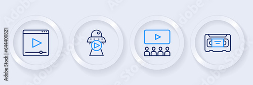 Set line VHS video cassette tape, Cinema auditorium with screen, Science fiction and Online play icon. Vector