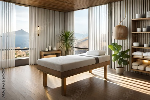 Warm and cozy atmosphere of a SPA room with white towels and stretcher. Created with generative Ai technology. © Evelyn