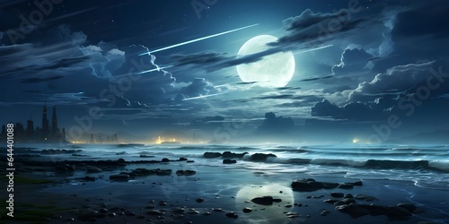 Fantasy landscape with city and moon. 3D illustration. Elements of this image furnished