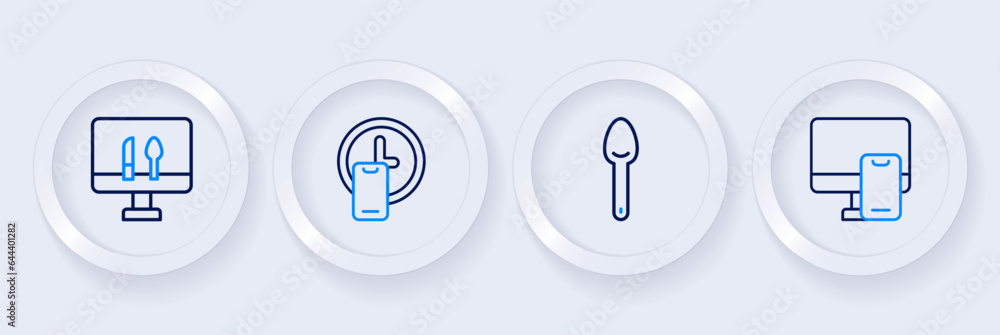 Set line Online ordering food, Spoon, Round the clock delivery and icon. Vector Set line Online ordering food, Spoon, Round the clock delivery and icon. Vector