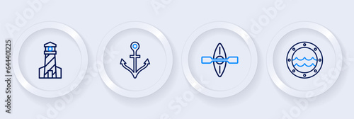 Set line Ship porthole, Kayak and paddle, Anchor and Lighthouse icon. Vector