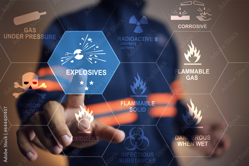 Hazardous substance concept safety officer pointing on explosives icon