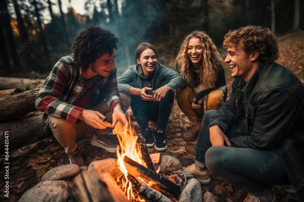 A joyful group of friends gathers around a campfire in the forest during a summer night, enjoying music, laughter, and marshmallows. - obrazy, fototapety, plakaty 