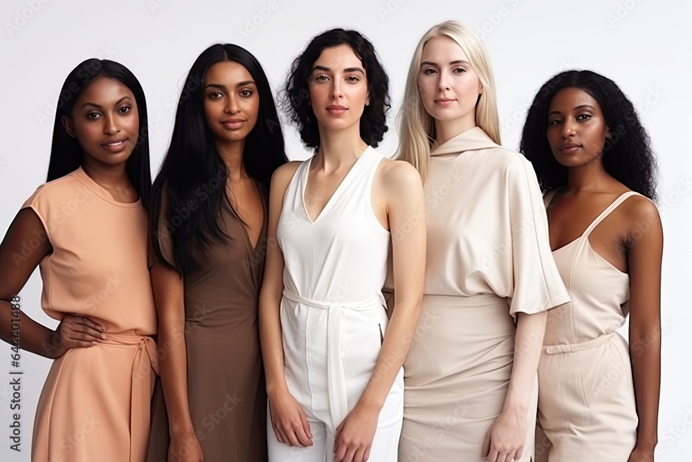 A diverse group of young women, representing different ethnic backgrounds and showcasing natural beauty, standing together in unity and friendship. A diverse group of young women, representing different ethnic backgrounds and showcasing natural beauty, standing together in unity and friendship.