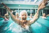 A happy, healthy senior woman enjoys relaxation and fun in the blue pool at a vacation resort.