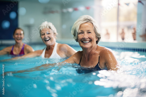 Active seniors enjoy swimming, promoting wellness and vitality in a group portrait filled with joy. © Andrii Zastrozhnov