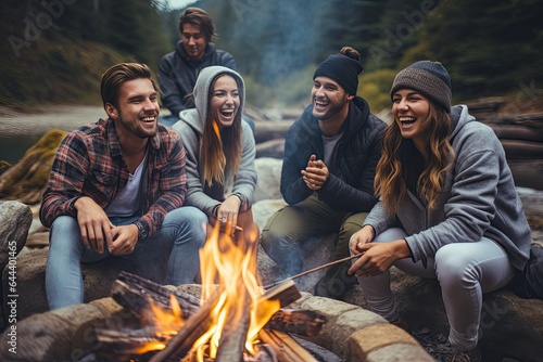 A group of friends enjoys an active and joyful camping trip in the forest, complete with a campfire.