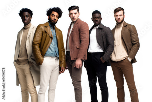 A diverse group of young male friends with different ethnic backgrounds and stylish fashion standing together.