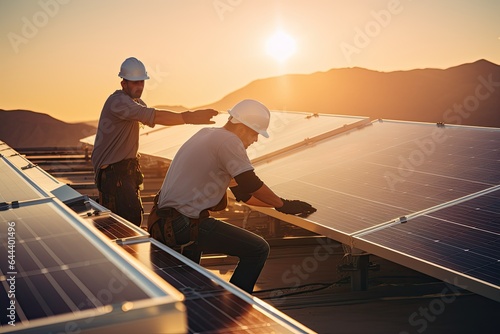 A technician in a protective helmet performs maintenance on a solar panel, ensuring efficient and clean energy production.