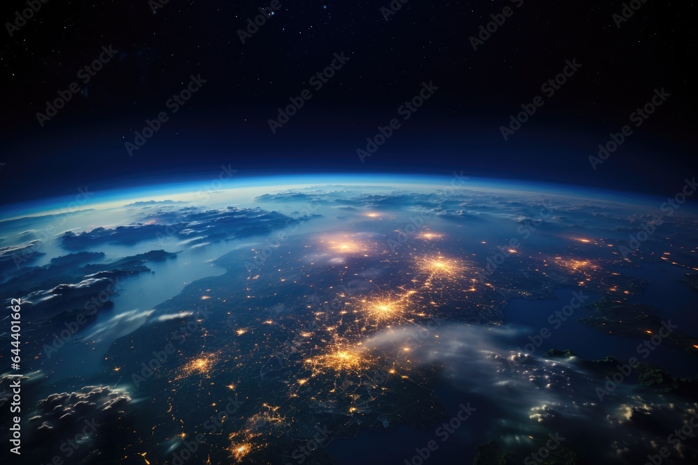 Earth planet at night. Abstract wallpaper. City lights on planet.