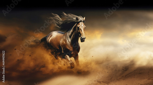 Beautiful bay horse galloping in the dust on a dark background