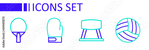 Set line Volleyball ball, Pommel horse, Boxing glove and Racket icon. Vector