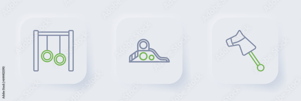 Set line Toy horse, Slide playground and Gymnastic rings icon. Vector Set line Toy horse, Slide playground and Gymnastic rings icon. Vector