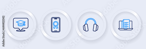 Set line Online quiz, test, survey, Headphones, education with diploma and Graduation cap speech bubble icon. Vector