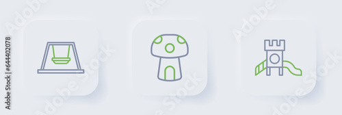 Set line Slide playground, Mushroom house and Ferris wheel icon. Vector