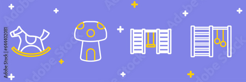 Set line Swedish wall, Mushroom house and Horse in saddle swing icon. Vector