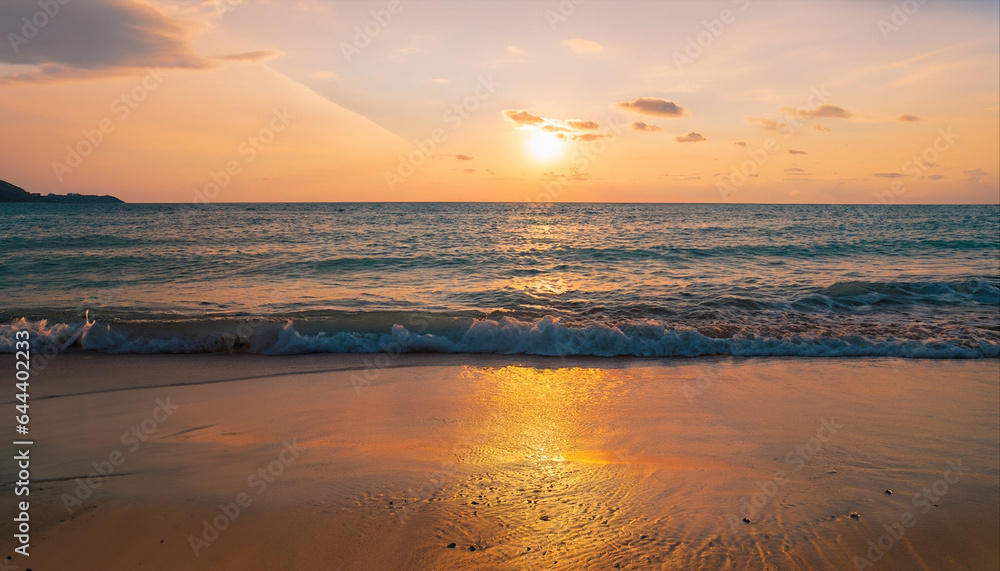 Closeup sea sand beach. Panoramic beach landscape. Inspire tropical beach seascape horizon. Orange and golden sunset sky calmness tranquil relaxing sunlight
