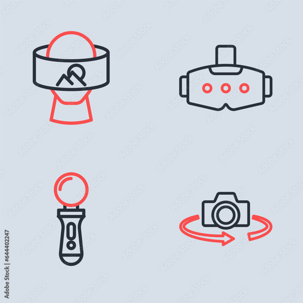 Fototapeta premium Set line Virtual reality glasses, VR controller game, 360 degree view and icon. Vector