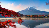Colorful Autumn Season and Mountain Fuji with morning fog and red leaves at lake Kawaguchiko