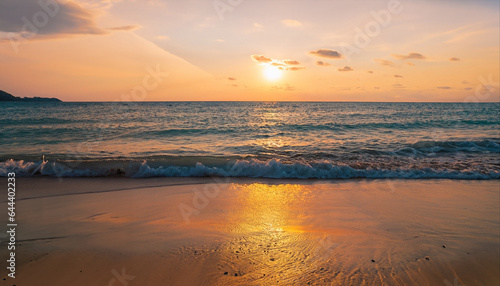 Closeup sea sand beach. Panoramic beach landscape. Inspire tropical beach seascape horizon. Orange and golden sunset sky calmness tranquil relaxing sunlight