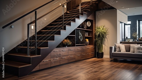 interior of modern house, living room with sofa and wooden stairs and panoramic windows © ttonaorh