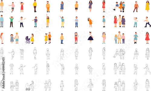 set of kids in flat style and sketches on white background vector