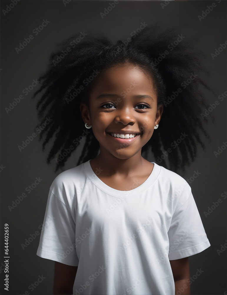 Black girl smiling in white t-shirt, Mockup. Black girl smiling in white t-shirt, Mockup.