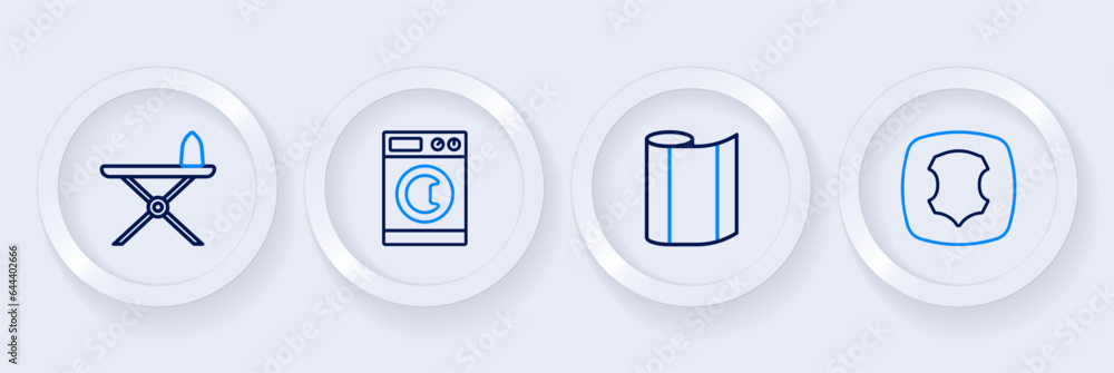 Set line Leather, Textile fabric roll, Washer and Electric iron and ironing board icon. Vector Set line Leather, Textile fabric roll, Washer and Electric iron and ironing board icon. Vector