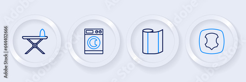 Set line Leather, Textile fabric roll, Washer and Electric iron and ironing board icon. Vector