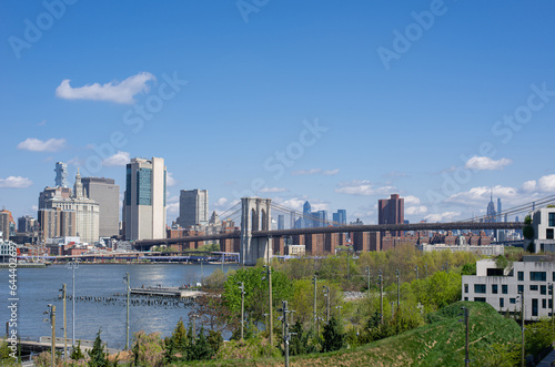 pier 1 salt marsh and panorama of Manhattan and brooklyn bridge across the East River from Brooklyn