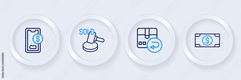 Set line Stacks paper money cash, Return cardboard box, Auction hammer and Mobile with dollar icon. Vector Set line Stacks paper money cash, Return cardboard box, Auction hammer and Mobile with dollar icon. Vector