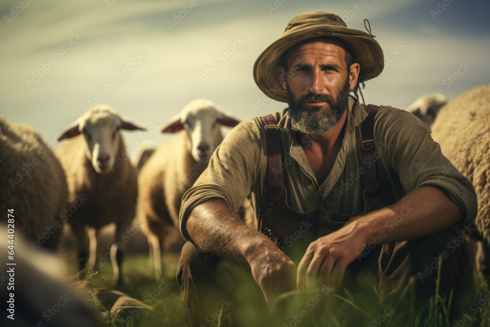 Farmer and sheeps in a field