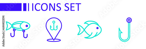 Set line Fisherman, Fishing bucket with fish, hook and lure icon. Vector