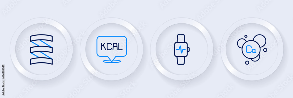 Set line Calcium, Smart watch with heart, Kcal and Sports nutrition proteine icon. Vector Set line Calcium, Smart watch with heart, Kcal and Sports nutrition proteine icon. Vector