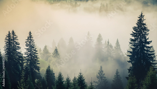 Misty landscape with fir forest in hipster vintage retro style © Tatiana