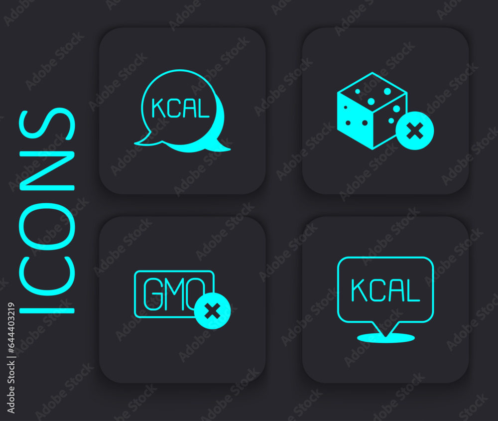 Fototapeta premium Set Kcal, No sugar free and GMO icon. Black square button. Vector