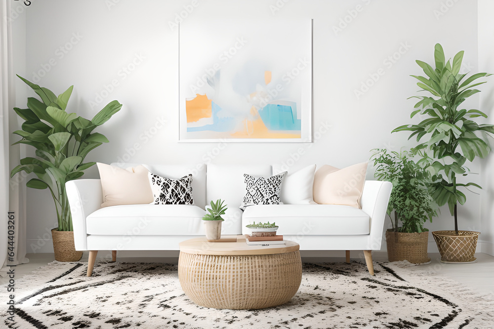 Frame mockup in bright living room design, calming gentle artwork, white sofa in farmhouse boho interior style