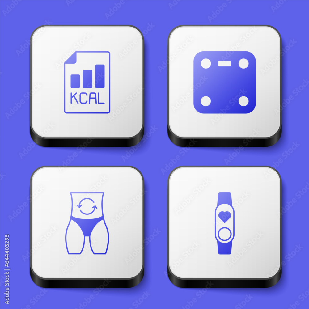 Set Diet plan, Bathroom scales, Metabolism and Smart watch with heart icon. White square button. Vector Set Diet plan, Bathroom scales, Metabolism and Smart watch with heart icon. White square button. Vector