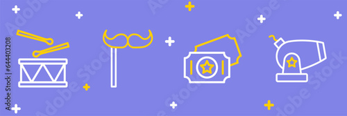 Set line Cannon, Circus ticket, Paper mustache stick and Drum with drum sticks icon. Vector