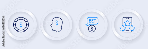 Set line Online sports betting, Casino chip with dollar, Lucky player and icon. Vector