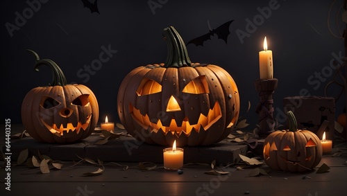 Halloween mood, scary pumpkins, dark background with bats and candles