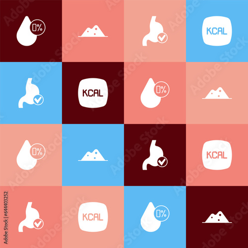 Set pop art Water balance, Salt, Human stomach health and Kcal icon. Vector