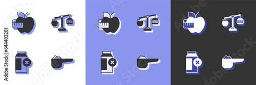 Set Sports nutrition proteine, Apple and measuring tape, Lactose intolerance and Calorie calculator icon. Vector